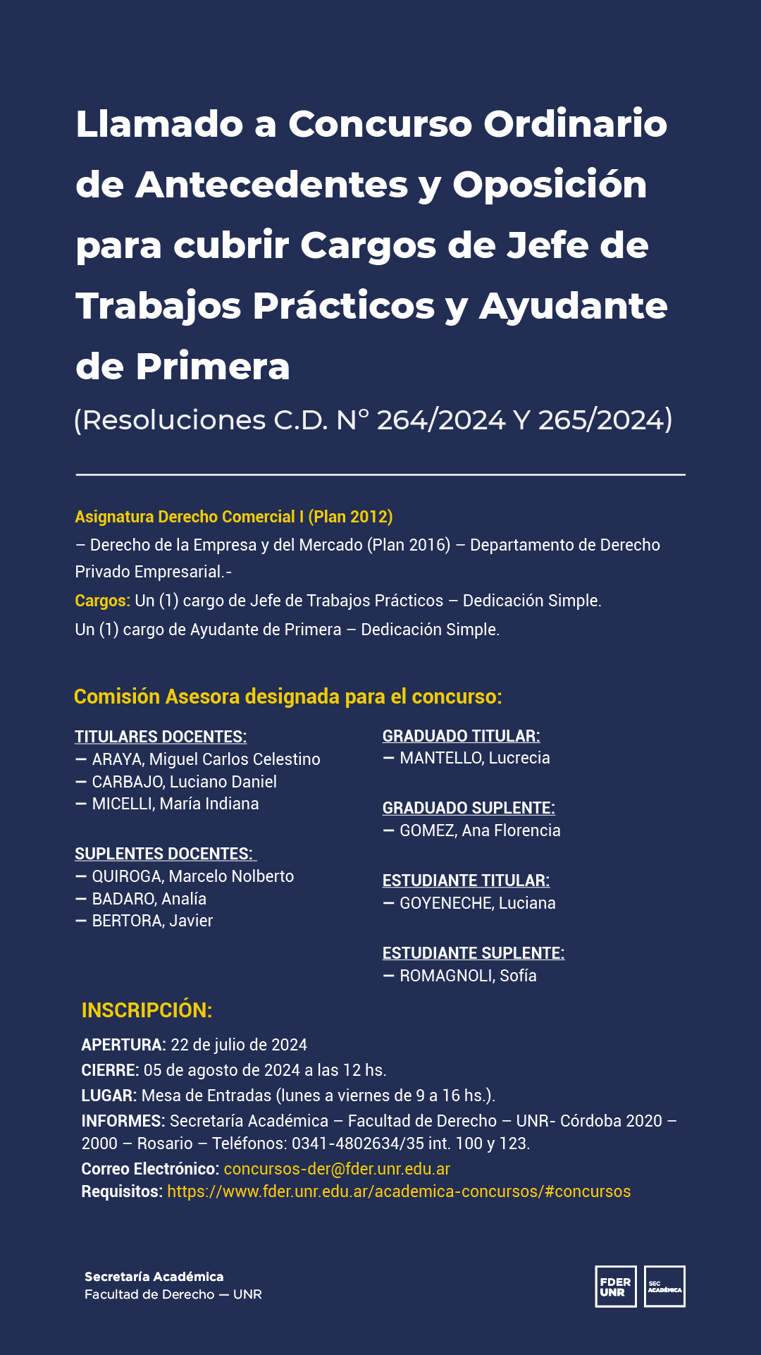 Llamado a Concurso Ordinario de Antecedentes y Oposición para cubrir Cargos de Jefe de Trabajos Prácticos y Ayudante de Primera